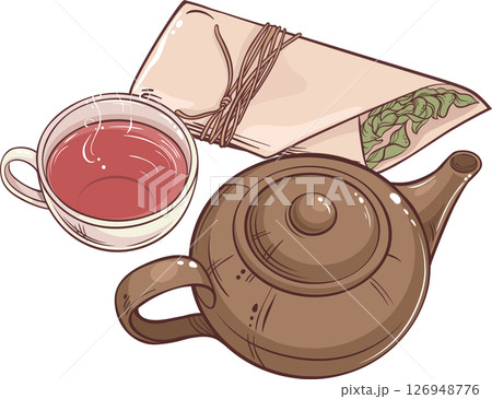 Cup of Tea and Teapot Colored Detailed Illustration. 126948776