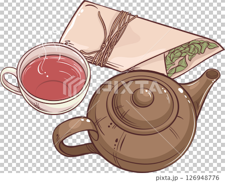 Cup of Tea and Teapot Colored Detailed Illustration. Cup of Tea and Teapot Colored Detailed Illustration. 126948776