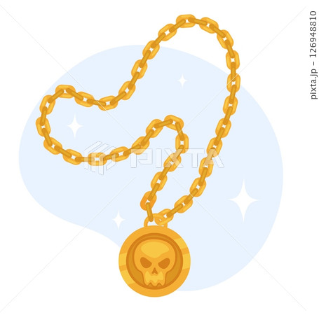 Gold chain and round medallion. Golden pendant with skull. Pirate cursed treasure. Jewel necklace. Filibuster amulet coin. Ancient scary jewelry. Skeleton bone ornament. Vector concept Gold chain and round medallion. Golden pendant with skull. Pirate cursed treasure. Jewel necklace. Filibuster amulet coin. Ancient scary jewelry. Skeleton bone ornament. Vector concept 126948810