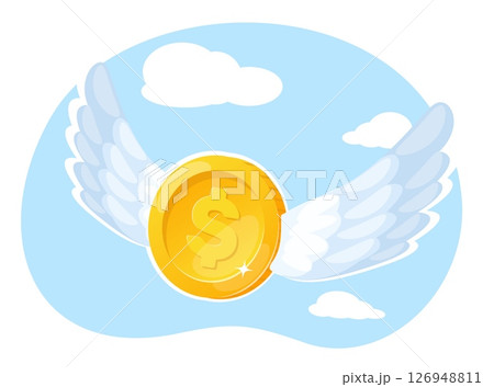 Gold coin with wings flies among sky and clouds. Financial investment. Currency banking transaction. Dollar payment transfer. Business commerce profit. Cashback money. Vector concept 126948811