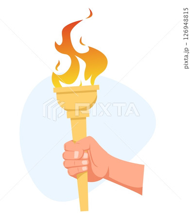 Hand holds burning torch symbol of athletic competition. Olympic games. Championship victory torchlight. Sport tournament. Flambeau combustion. Arm with blazing flame. Vector concept Hand holds burning torch symbol of athletic competition. Olympic games. Championship victory torchlight. Sport tournament. Flambeau combustion. Arm with blazing flame. Vector concept 126948815