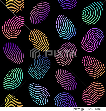 Human multicolored fingerprints seamless pattern. Fingermarks with neon gradient. Repeated print. Unique biometric verification. Thumbprints scanning. Fingers screening. Vector background 126948816