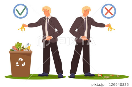 Man correctly disposes of food waste in trash can and improperly scatters trash around. Garbage sorting. Guy throwing rubbish in dustbin. Wrong habit. Eco lifestyle. Vector concept 126948826
