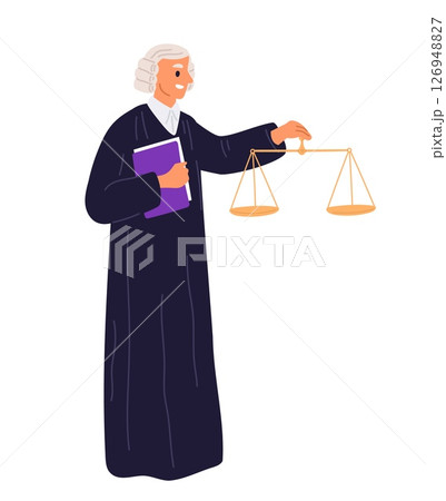 Man dressed lawyer. Male judge in lawsuit. Attorney works in court. Notary holds scales of justice. Judgment balance. Law authority for punishment. Judiciary career. Vector concept 126948827