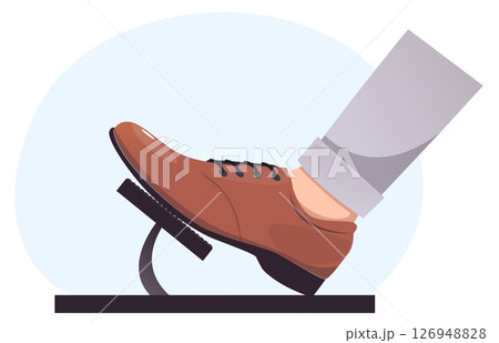 Man foot in shoe pressing brake pedal of car. Automobile driving. Vehicle traffic control. Stop clutch. Speed accelerator push with leg. Transport lever. Male driver boot. Vector concept Man foot in shoe pressing brake pedal of car. Automobile driving. Vehicle traffic control. Stop clutch. Speed accelerator push with leg. Transport lever. Male driver boot. Vector concept 126948828
