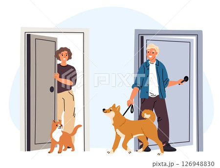 Man with dog meets neighbor woman with cat. People talking at apartments doorways. House entrances. Pet owners. Home doors. Neighborhood communication. Domestic animals. Vector concept 126948830