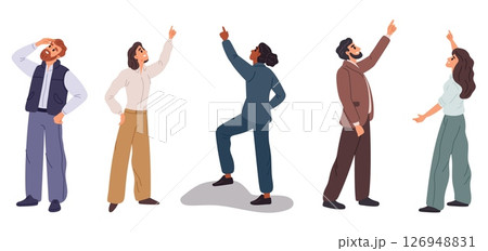 Men and women look up pointing their index finger to sky. People showing upwards. Guy pointing with forefinger. Target search pose. Girl raising arm. Standing young persons vector set Men and women look up pointing their index finger to sky. People showing upwards. Guy pointing with forefinger. Target search pose. Girl raising arm. Standing young persons vector set 126948831