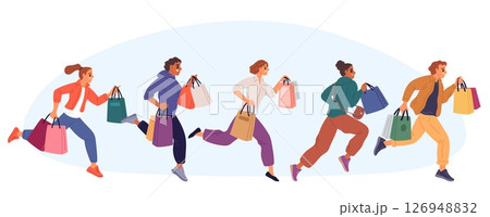 Men and women with bags running to shopping. Customers carrying packets from store. Rush and hurry people. Shop discount. Buyers make purchases. Shopaholic persons group. Vector concept Men and women with bags running to shopping. Customers carrying packets from store. Rush and hurry people. Shop discount. Buyers make purchases. Shopaholic persons group. Vector concept 126948832