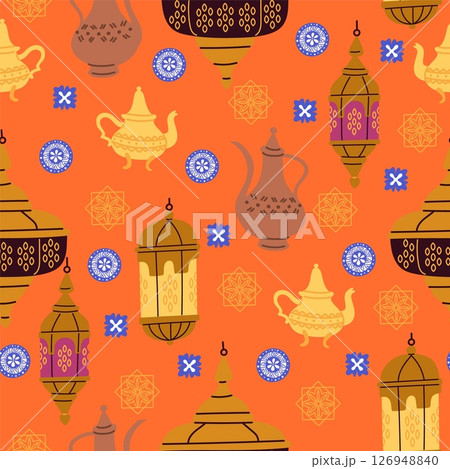 Oriental ornaments. Eastern pitchers and lamps seamless pattern. Asian motif. Arabesque embroidery. Repeated ethnic print. Persian kettle. Islamic fitr. Coffee pot. Vector background 126948840
