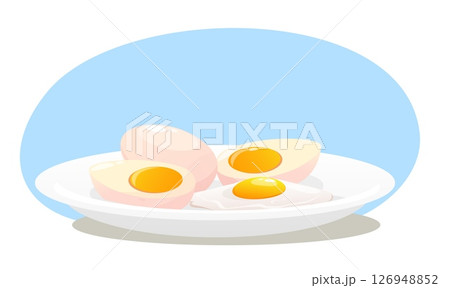 Plate with boiled and fried eggs whole or split into two halves. Cooked yolk cutting. Natural protein. Healthy morning meal. Diet organic food. Prepared chicken product. Vector concept 126948852