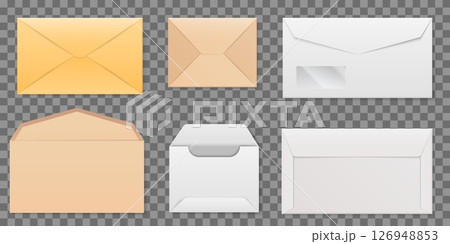 Postal envelopes in different colors or shapes. Open and closed letter. Empty post wrap on transparent background. Realistic postage package. Correspondence delivery. Vector 3D mails set Postal envelopes in different colors or shapes. Open and closed letter. Empty post wrap on transparent background. Realistic postage package. Correspondence delivery. Vector 3D mails set 126948853