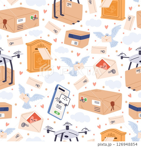 Postal seamless pattern. Parcels and letters. Postcard sending. Mobile phone app. Repeated print. Post correspondence in mailboxes. Delivery drones and carrier pigeons. Vector background 126948854