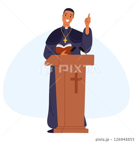 Priest gives speech from podium. Minister of church delivers religious sermon. God worship. Christian clergyman. Pastor reading gospel. Bishop speaking at cathedral tribune. Vector concept 126948855