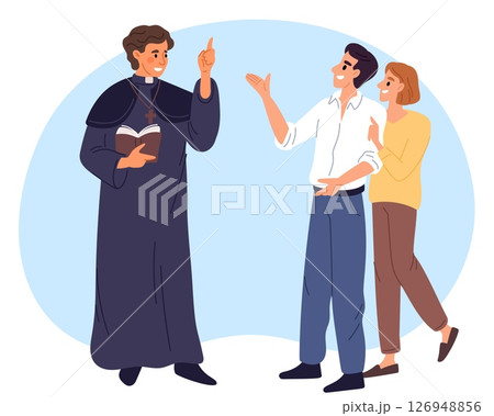 Priest introduces man and woman to Catholicism and Christianity. Couple talking with clergyman. Christian religion. Communication with believers family. Christ worship. Vector concept 126948856