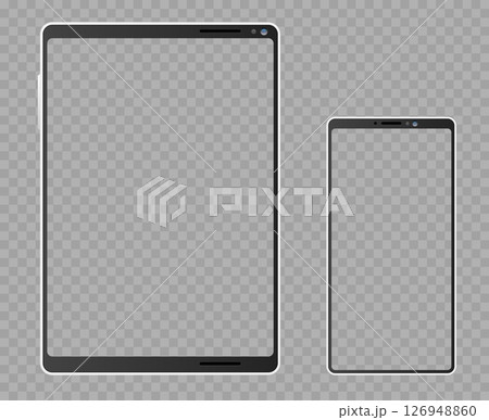 Realistic mockup blank tablet or smartphone screen isolated on transparent background. Touchscreen front view. Mobile empty display. Isolated cellphone frame. Vector electronic devices set 126948860