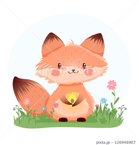 Cute fox with glowing crystal in meadow 126948907
