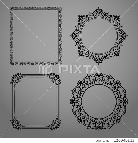 Set of decorative frames Elegant vector element for design in Eastern style, place for text. Floral black and gray borders. Lace illustration for invitations and greeting cards 126949113