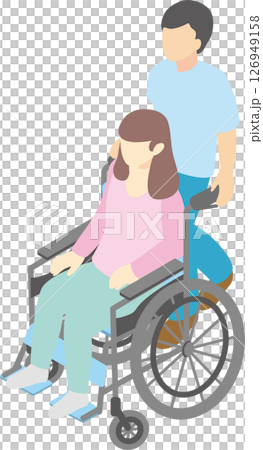 Isometric bird's-eye view people male female wheelchair care welfare caregiver welfare medical illustration 126949158