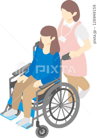 アイソメトリック　俯瞰　人物　女性　車椅子　介護　福祉　介護士　福祉　メディカル　イラスト 126949159