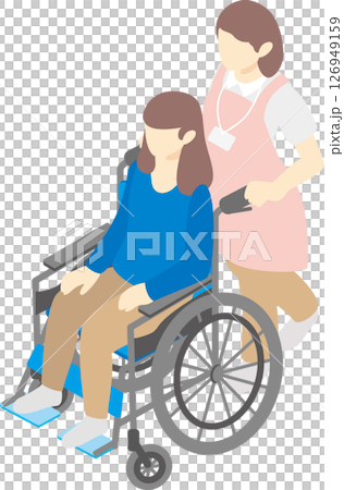 アイソメトリック　俯瞰　人物　女性　車椅子　介護　福祉　介護士　福祉　メディカル　イラスト 126949159