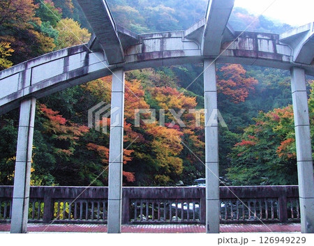 箱根入り口のイメージ　早川にかかる旭橋と紅葉 126949229