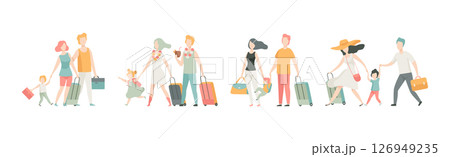 Family with Kids on Vacation with Suitcase and Luggage Vector Set 126949235