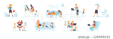 Parents Working with Their Children While Their Playing Next to Them Vector Set 126949242