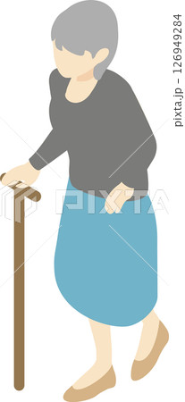 アイソメトリック　人物　女性　シニア　高齢者　歩く　杖　福祉　介護　俯瞰　全身　イラスト素材 126949284