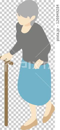 Isometric person, woman, senior, elderly, walking, cane, welfare, care, bird's-eye view, whole body, illustration material 126949284