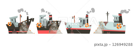 Fishing Nautical Ship and Sailing Boat with Net and Dirty Spots Vector Set Fishing Nautical Ship and Sailing Boat with Net and Dirty Spots Vector Set 126949288