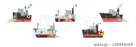 Fishing Nautical Ship and Sailing Boat with Net and Dirty Spots Vector Set Fishing Nautical Ship and Sailing Boat with Net and Dirty Spots Vector Set 126949289