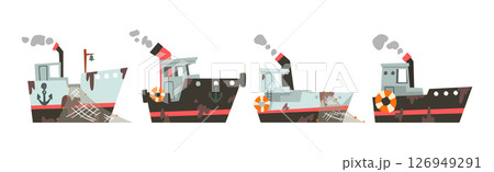 Fishing Nautical Ship and Sailing Boat with Net and Dirty Spots Vector Set Fishing Nautical Ship and Sailing Boat with Net and Dirty Spots Vector Set 126949291