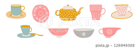 Ceramic Teapot and Cup for Tea Brewing and Drinking Vector Set Ceramic Teapot and Cup for Tea Brewing and Drinking Vector Set 126949308