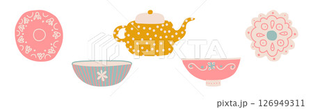 Ceramic Teapot and Cup for Tea Brewing and Drinking Vector Set Ceramic Teapot and Cup for Tea Brewing and Drinking Vector Set 126949311