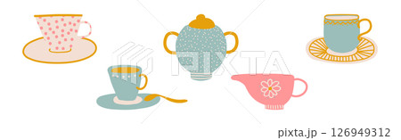 Ceramic Teapot and Cup for Tea Brewing and Drinking Vector Set 126949312