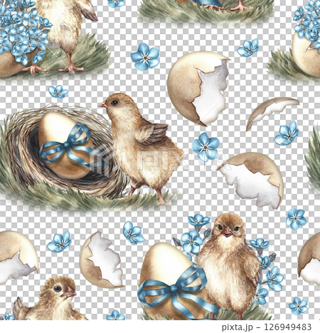 Easter seamless pattern with hatched chickens, decorated with nest eggs and forget-me-nots. The illustration is made in handmade watercolor. For textiles, prints, wrapping paper, napkins, tablecloths. Easter seamless pattern with hatched chickens, decorated with nest eggs and forget-me-nots. The illustration is made in handmade watercolor. For textiles, prints, wrapping paper, napkins, tablecloths. 126949483