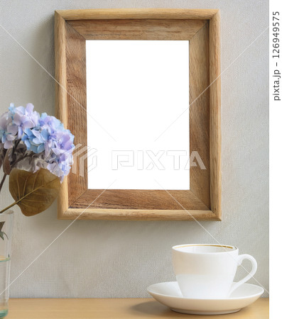 Stylish and modern interior design of kitchen space with small wooden table with a photo frame layout. Generative AI. Accessories and a cup of coffee. A bouquet of flowers. Cozy decor of a room. 126949575