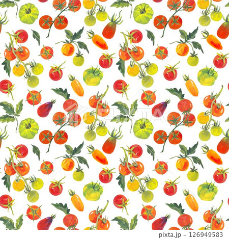 Trendy seamless Summer Tropical Bliss Vacation Seamless pattern with tomatoes and striped background. Acrylic style , Design for fashion , fabric, textile, and all prints 126949583