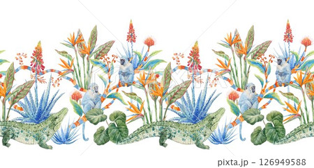 Horizontal Seamless watercolor pattern of tropical plants and monkeys, flowers, aloe, wild exotic blooms, and whimsical jungle vines. Perfect for wallpaper, textiles, and botanical-themed decor Horizontal Seamless watercolor pattern of tropical plants and monkeys, flowers, aloe, wild exotic blooms, and whimsical jungle vines. Perfect for wallpaper, textiles, and botanical-themed decor 126949588