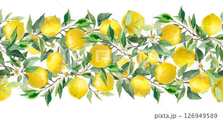 Watercolor lemon border with vibrant yellow fruits, lush green leaves, and delicate citrus blossoms. Perfect for packaging, textiles, wallpaper, or Mediterranean-themed prints. 126949589