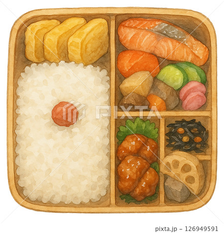 彩り豊かな幕の内弁当の水彩風イラスト 126949591