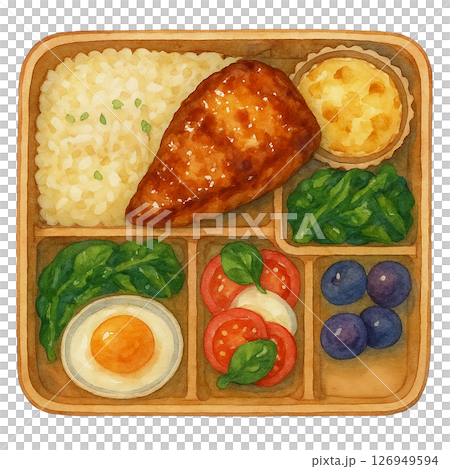 西式雞肉便當（含卡普雷塞蛋塔）的水彩插圖 126949594