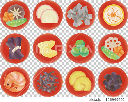 朱赤の小皿にのったおせち料理 126949602