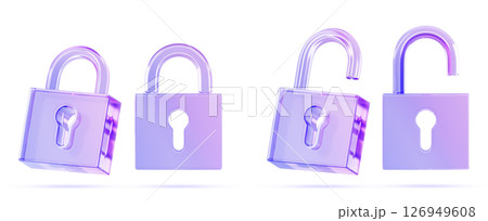 Glass holographic padlock icon 3d render. Crystal gradient set of locked and unlocked lock in different angles. Safety and secure symbol for web design. Protection and privacy concept. 3D illustration 126949608