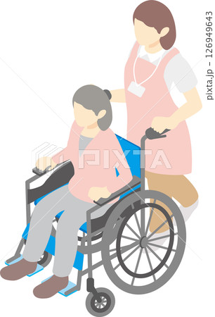 アイソメトリック　俯瞰　人物　女性　車椅子　介護　福祉　介護士　福祉　メディカル　イラスト 126949643