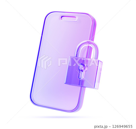 Glass holographic mobile phone with padlock for pin code. Purple gradient render icon of safety technology, cyber security and privacy, smartphone data protect with password and lock. 3D illustration Glass holographic mobile phone with padlock for pin code. Purple gradient render icon of safety technology, cyber security and privacy, smartphone data protect with password and lock. 3D illustration 126949655