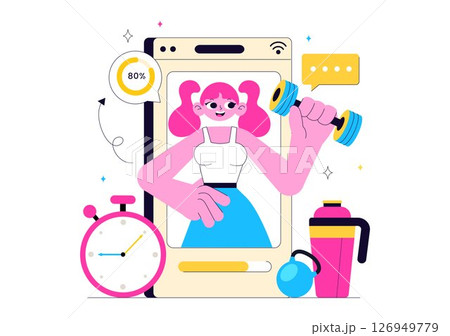 Virtual Fitness App Illustration Featuring People Enjoying Online Classes Using a Mobile Application to Promote Wellness and Healthy Lifestyle Trends 126949779