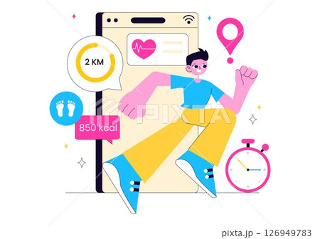 Virtual Fitness App Illustration Featuring People Enjoying Online Classes Using a Mobile Application to Promote Wellness and Healthy Lifestyle Trends Virtual Fitness App Illustration Featuring People Enjoying Online Classes Using a Mobile Application to Promote Wellness and Healthy Lifestyle Trends 126949783