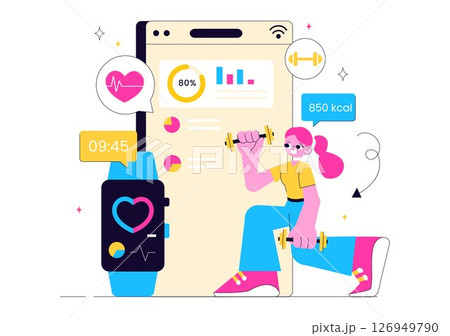 Virtual Fitness App Illustration Featuring People Enjoying Online Classes Using a Mobile Application to Promote Wellness and Healthy Lifestyle Trends Virtual Fitness App Illustration Featuring People Enjoying Online Classes Using a Mobile Application to Promote Wellness and Healthy Lifestyle Trends 126949790