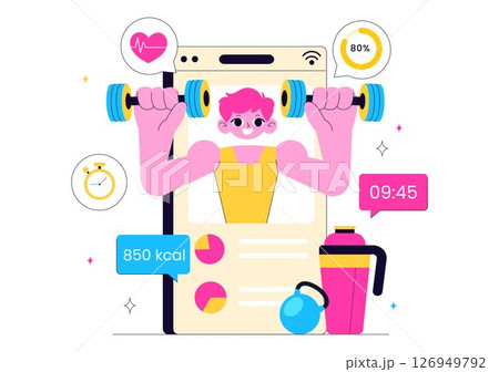 Virtual Fitness App Illustration Featuring People Enjoying Online Classes Using a Mobile Application to Promote Wellness and Healthy Lifestyle Trends Virtual Fitness App Illustration Featuring People Enjoying Online Classes Using a Mobile Application to Promote Wellness and Healthy Lifestyle Trends 126949792